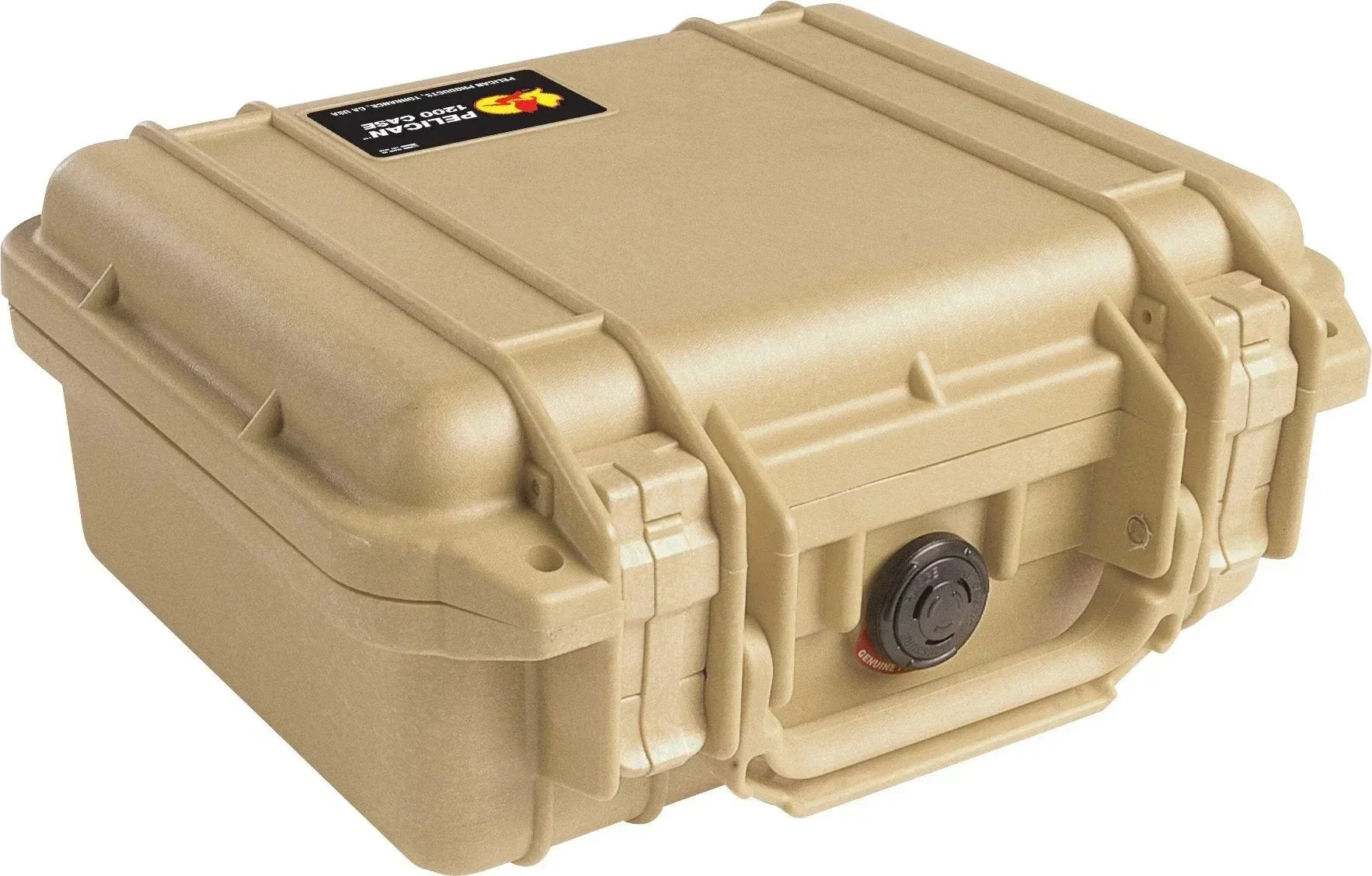 Tan Pelican 1200 case with secure latches and pressure valve for durable protection