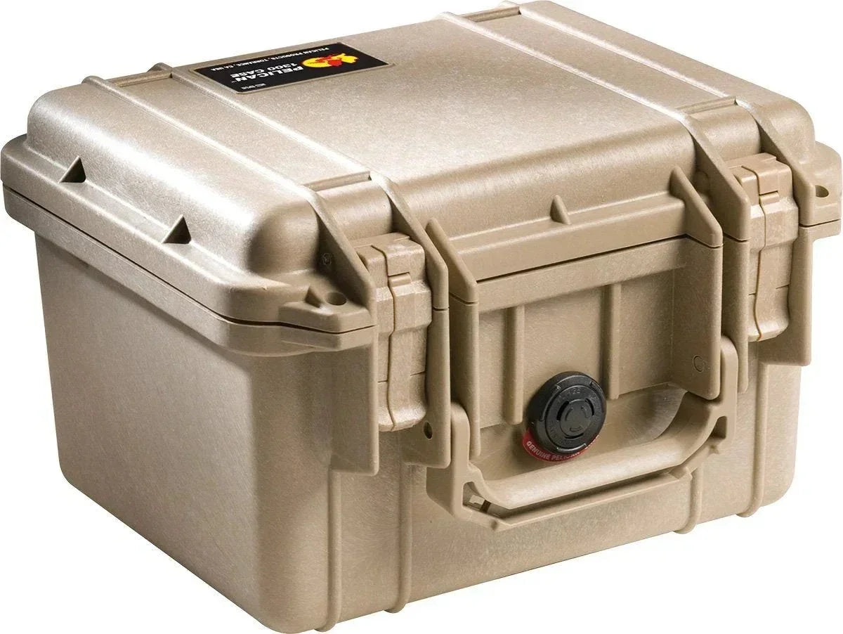 Tan Pelican 1300 hard case with secure latches and pressure relief valve for gear protection