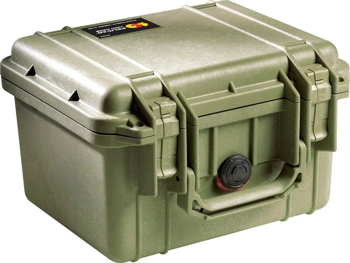 Olive green Pelican 1300 case with secure latches and pressure relief valve, ideal for protecting gear.