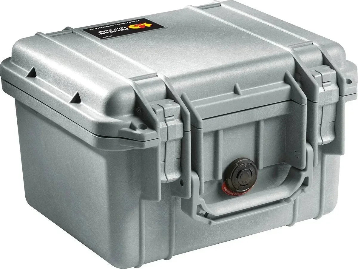 Silver Pelican 1300 hard case with secure latches and pressure relief valve for durable protection