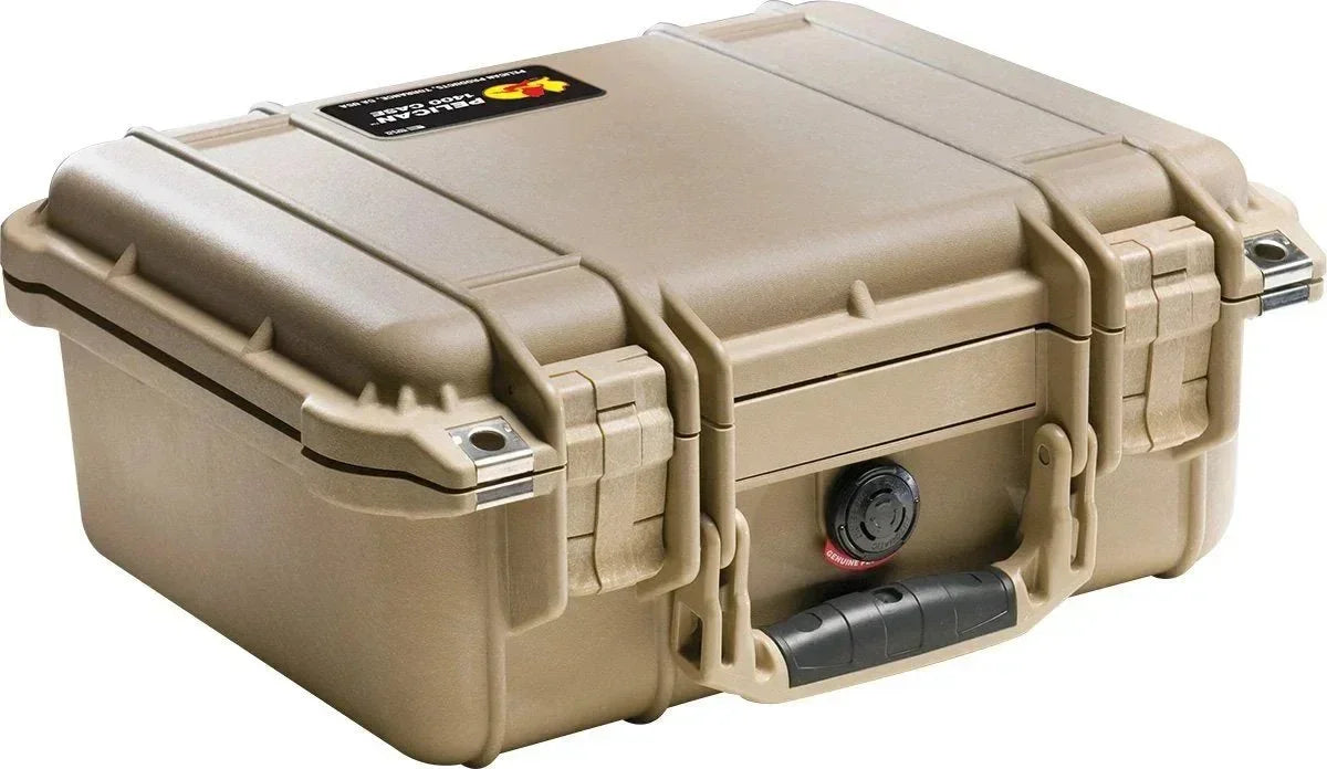 Tan Pelican 1400 case with secure latches and black handle for durable storage