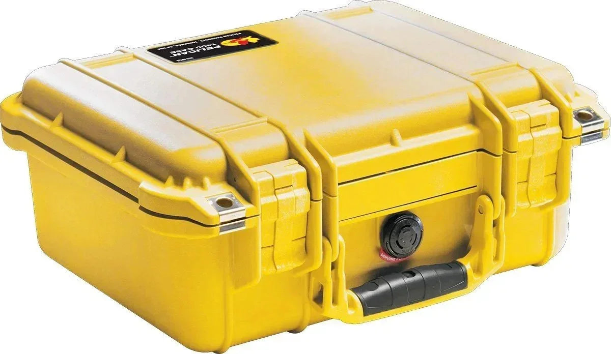 Yellow Pelican 1400 case with secure latches and black handle for durable storage