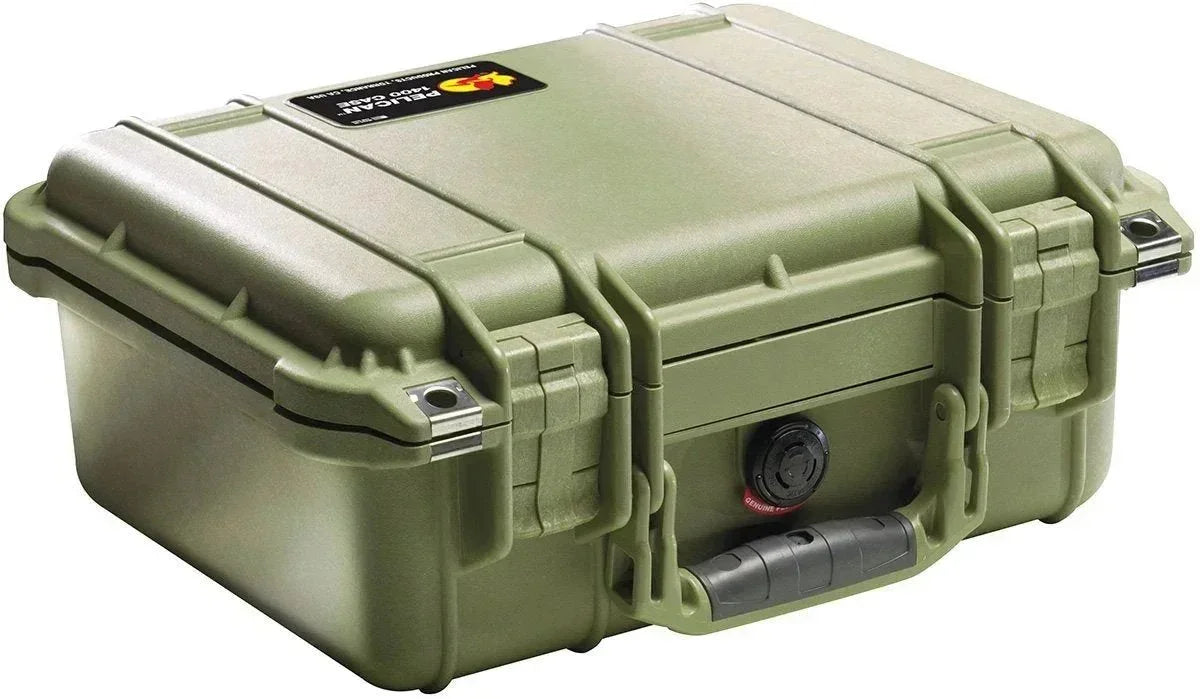 Olive green Pelican 1400 case with secure latches and handle for protecting gear