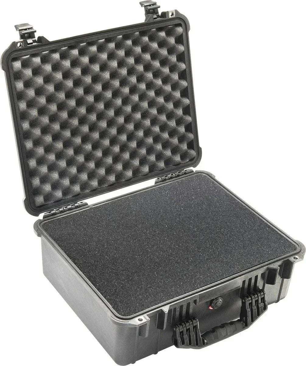 Black crushproof protective foam case with secure latches and sturdy handle, open and empty