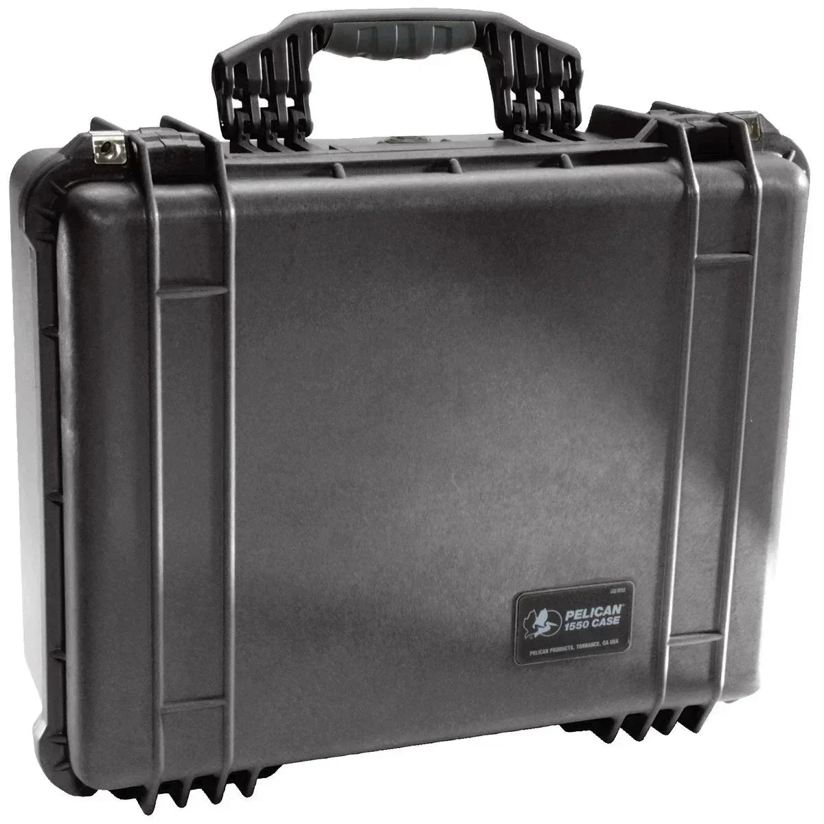 Black Pelican hard shell dustproof tactical case with handle, closed and durable design.