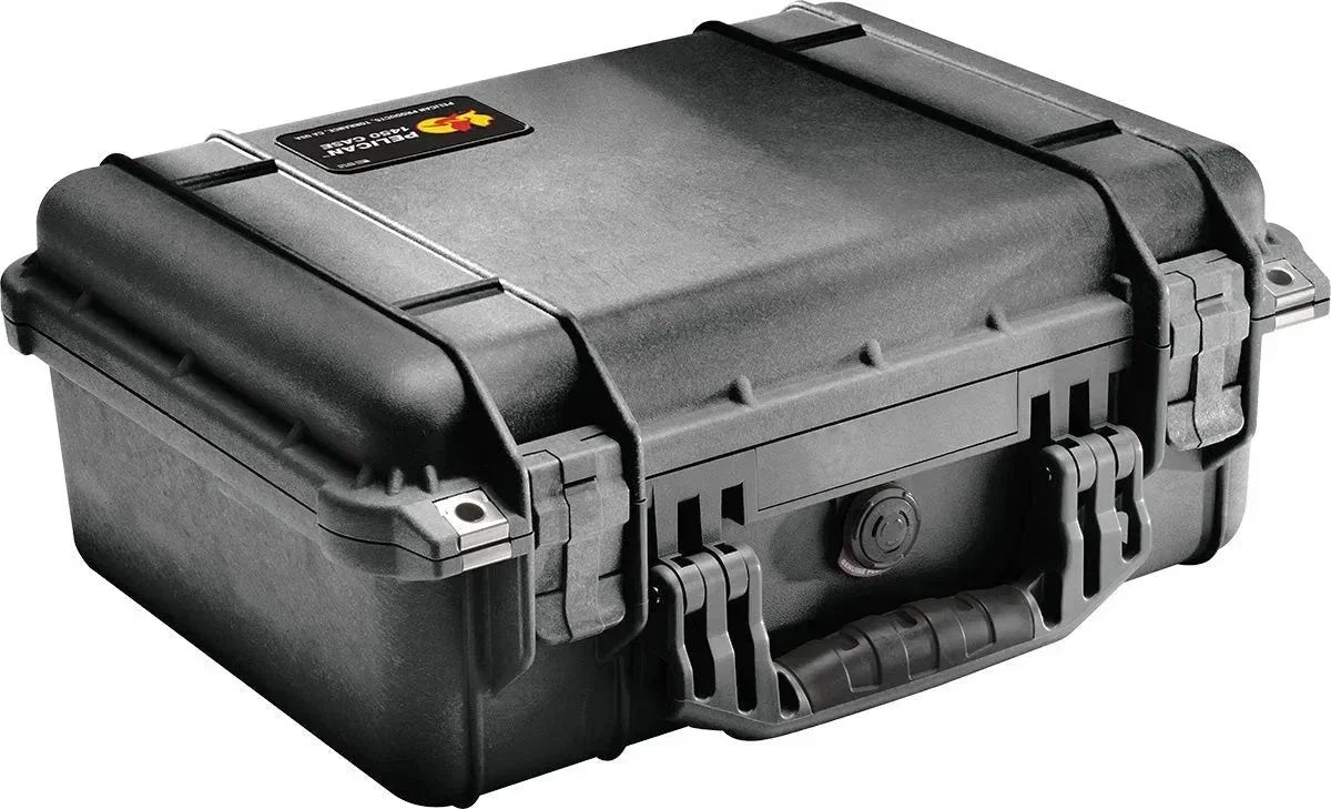 Pelican 1450 case, durable black protective storage box with secure latches and handle