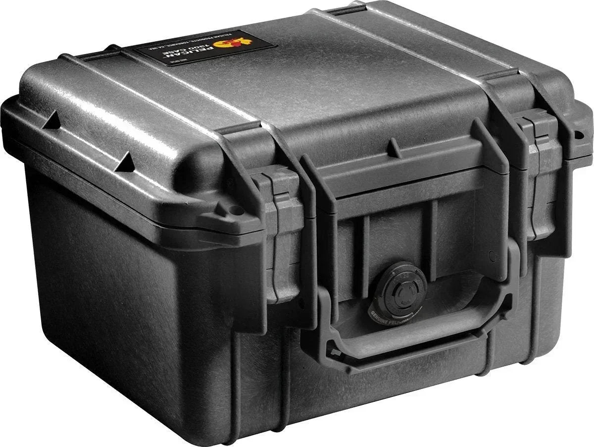 Black Pelican 1300 hard case with secure latches and pressure relief valve for gear protection
