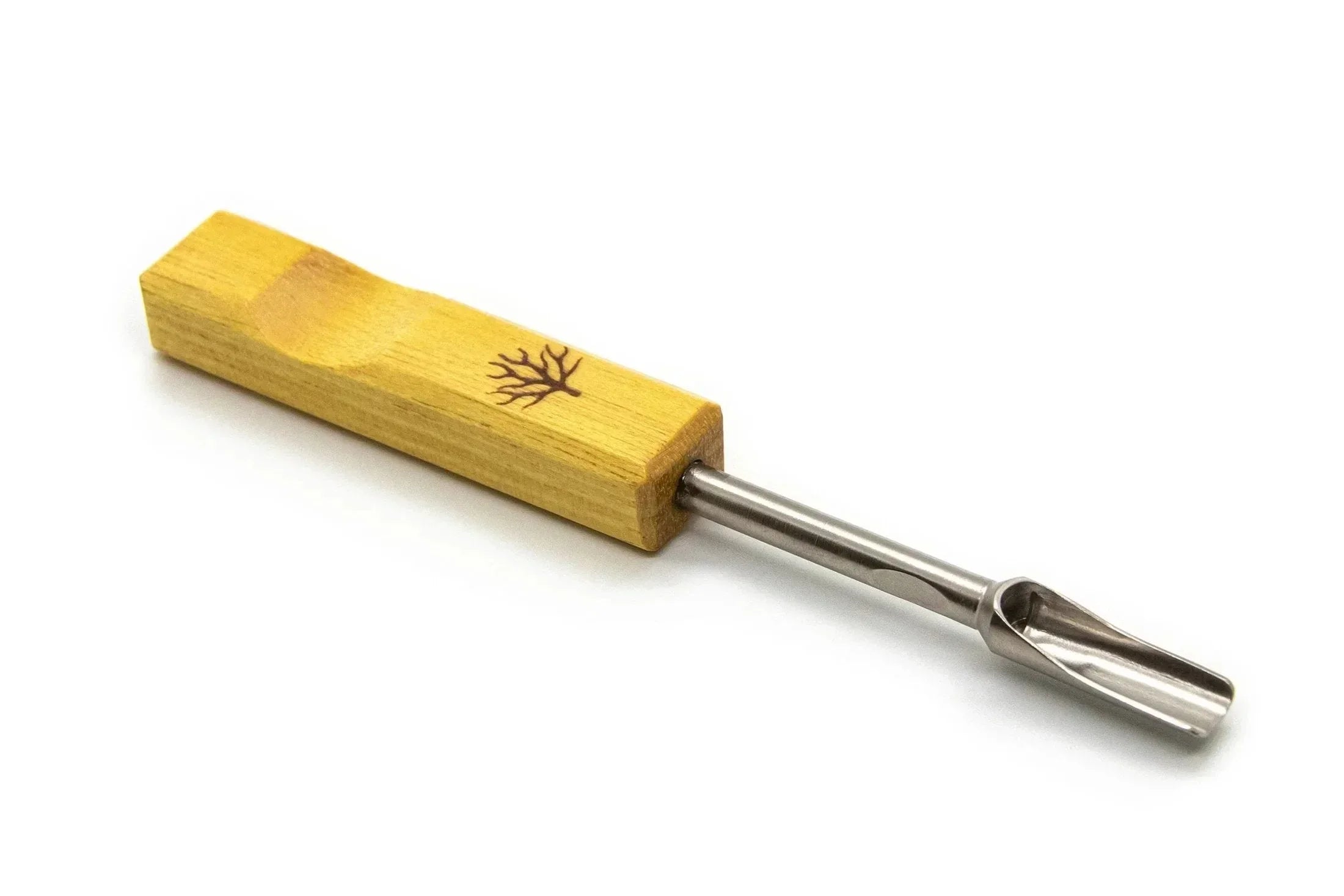 Yellowheart wood pocket sauce spoon with metal scoop and engraved tree design on handle