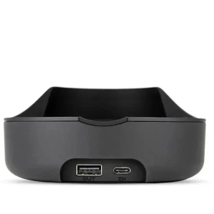 Black vaporizer charging dock with USB-A and USB-C ports for Puffco devices