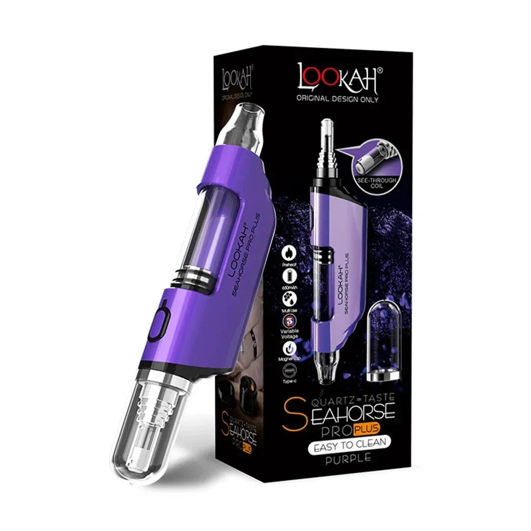 Purple Lookah Seahorse Pro Plus dab pen with box, quartz taste, see-through coil