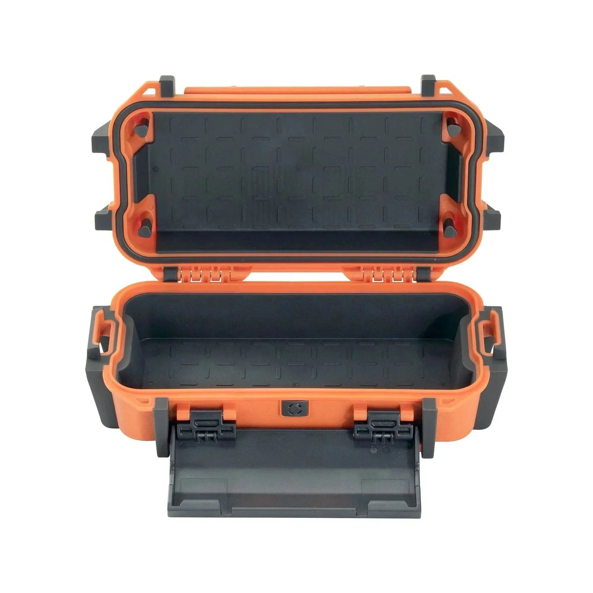 Orange and black waterproof storage case with textured interior and secure latches