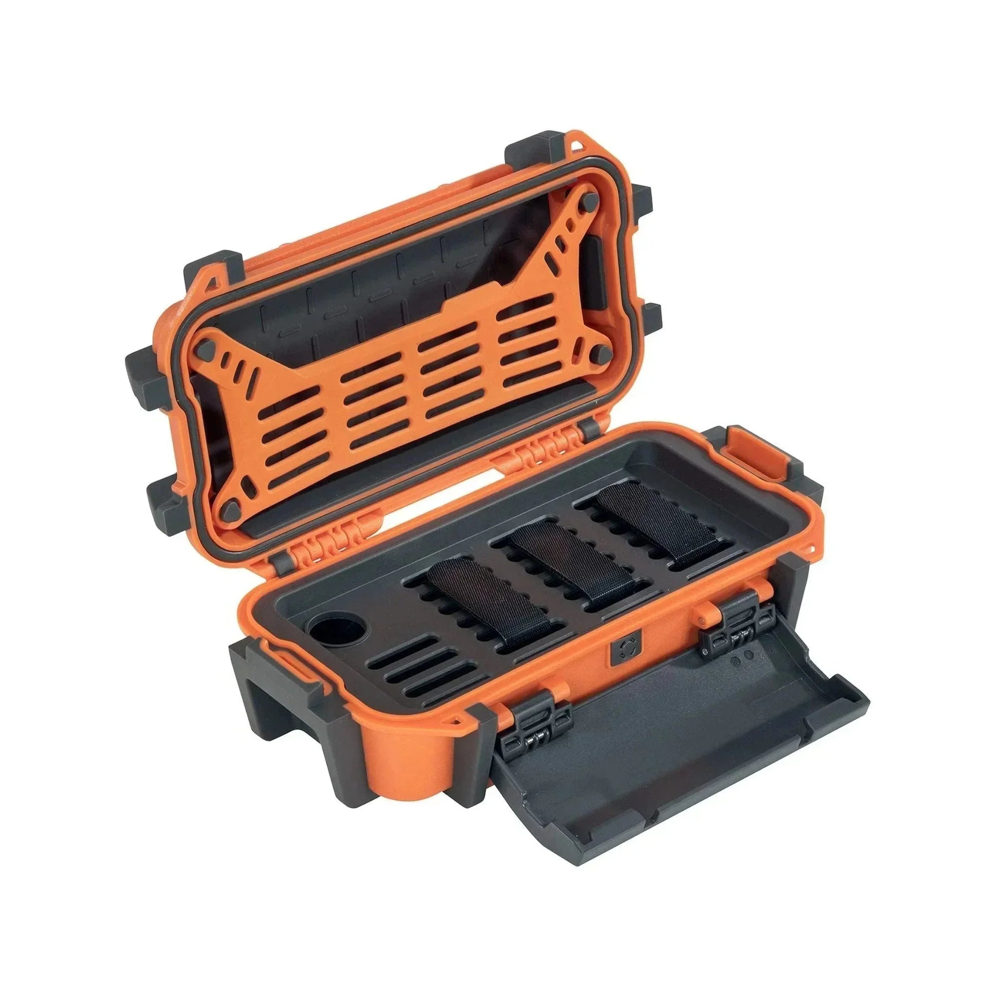 Orange and black rugged case with custom foam inserts and straps for secure gear storage