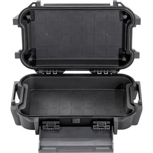Black waterproof storage case with secure latches and textured interior for protecting gear