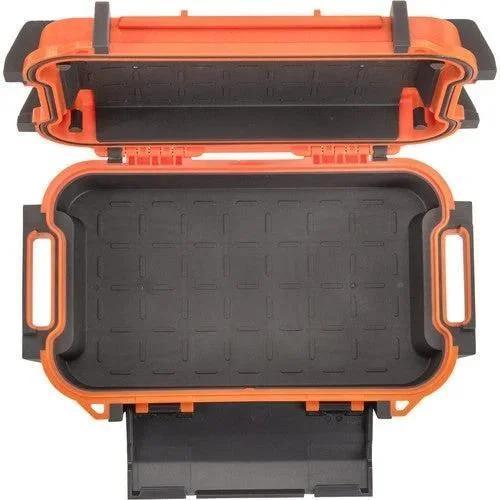 Orange and black waterproof storage case with textured interior and secure latches for gear protection