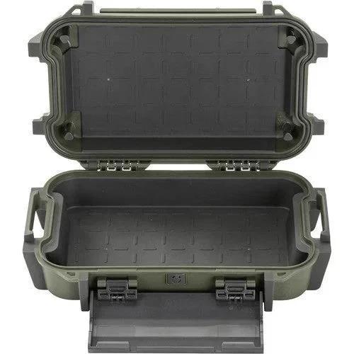 Olive green tactical storage case with secure latches and textured interior, ideal for gear protection