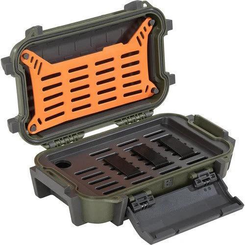 Olive green and orange tactical storage case with modular interior compartments for gear organization