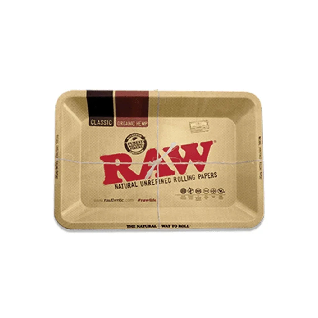 Rectangular RAW rolling tray with beige color, large red logo, and hemp paper branding.