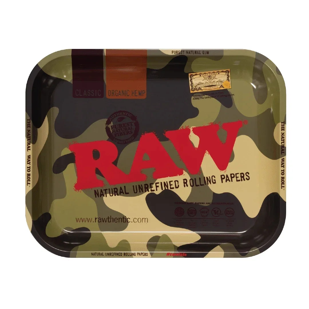 Camo rolling tray with RAW natural unrefined rolling papers logo, rectangular design.