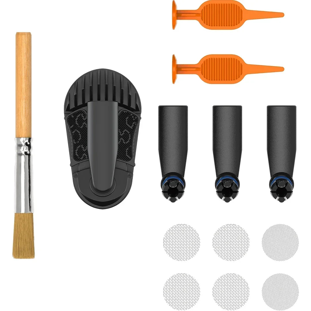 Herbal vaporizer accessory kit with cleaning brush, screens, and mouthpieces on white background