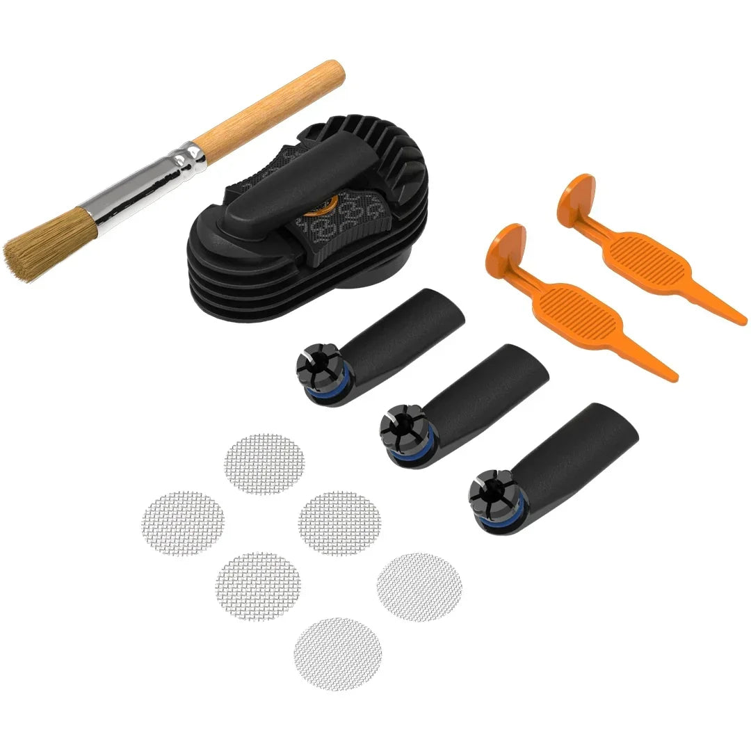 Vaporizer cleaning and accessory kit with brush, filters, tools, and replacement parts