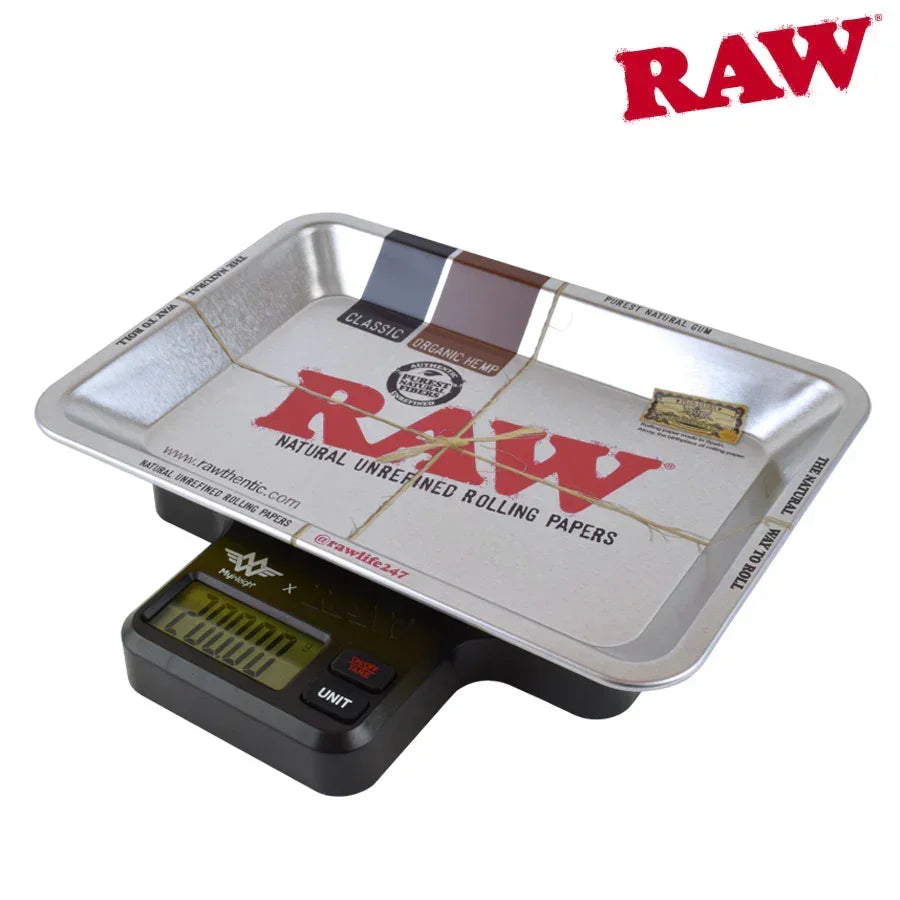 RAW rolling tray on digital scale for smoking accessories, metal with branded logo