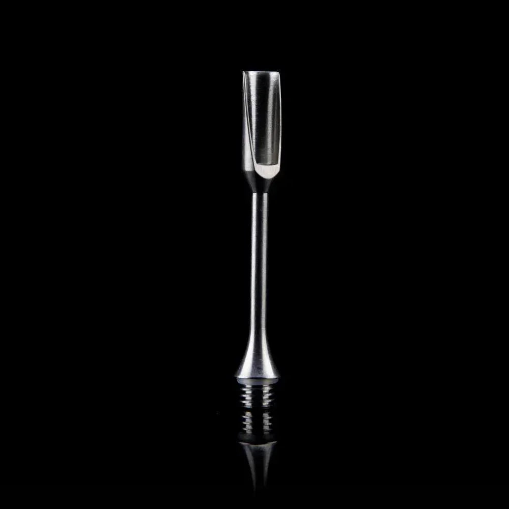 Stainless steel dab tool with scoop tip on black background, concentrate accessory