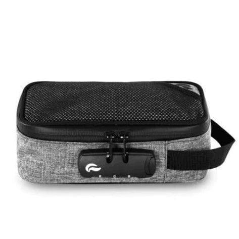 Gray smell-proof storage case with combination lock and mesh top panel
