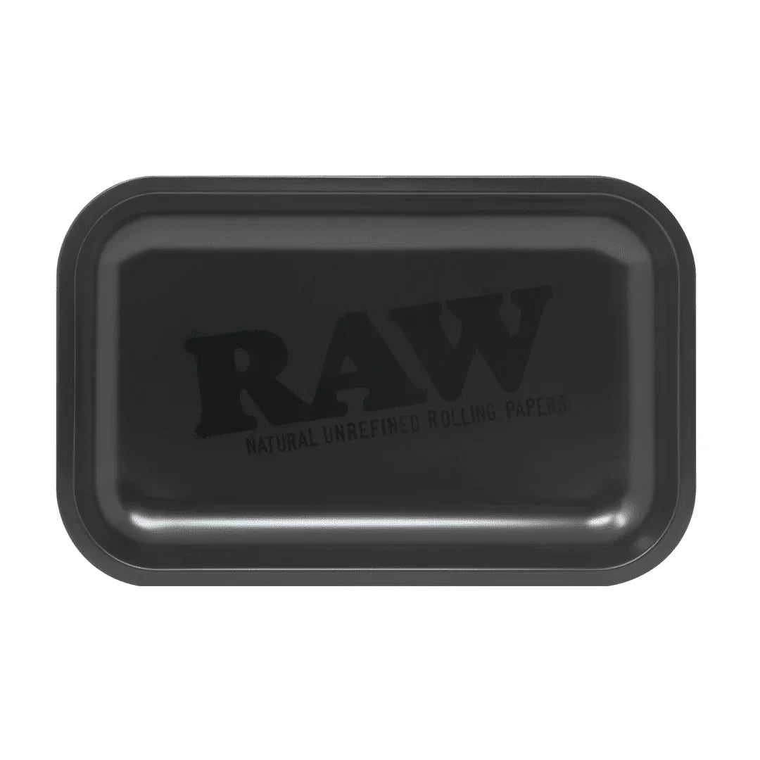 Black RAW rolling tray with 'Natural Unrefined Rolling Papers' text, rectangular shape