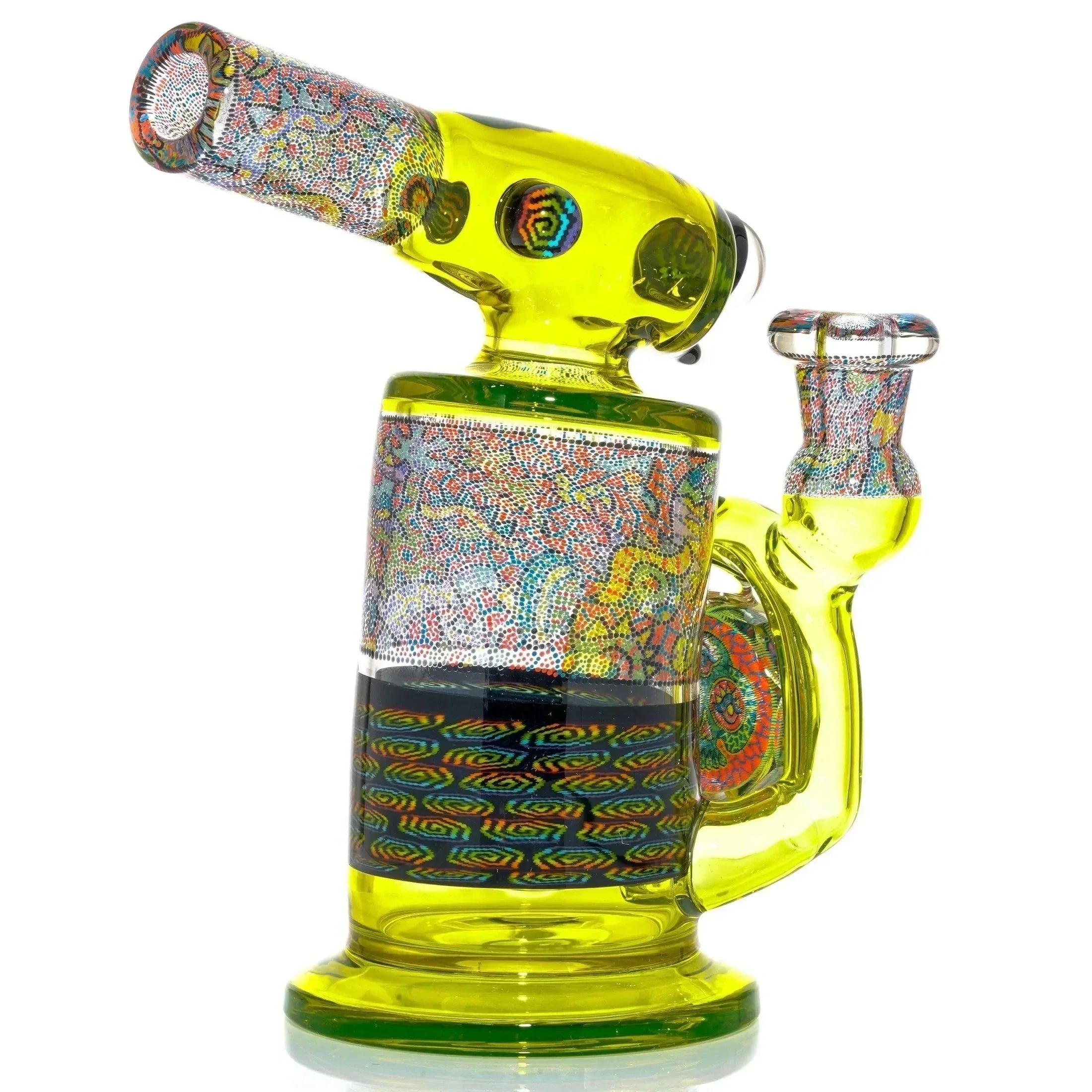 Yellow glass water pipe with intricate, colorful psychedelic patterns and mosaic accents