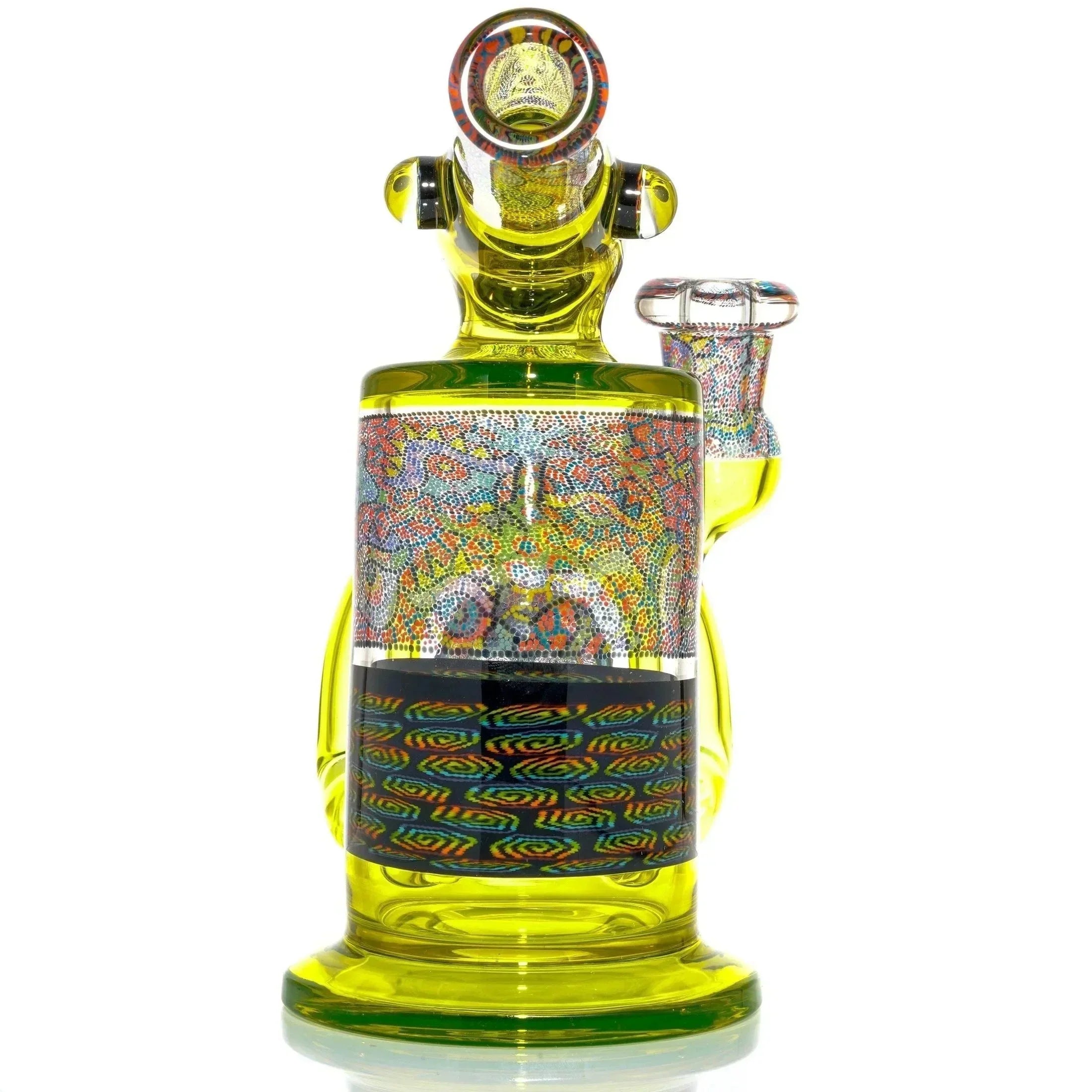 Yellow glass water pipe with vibrant, intricate multicolored patterns and bold design