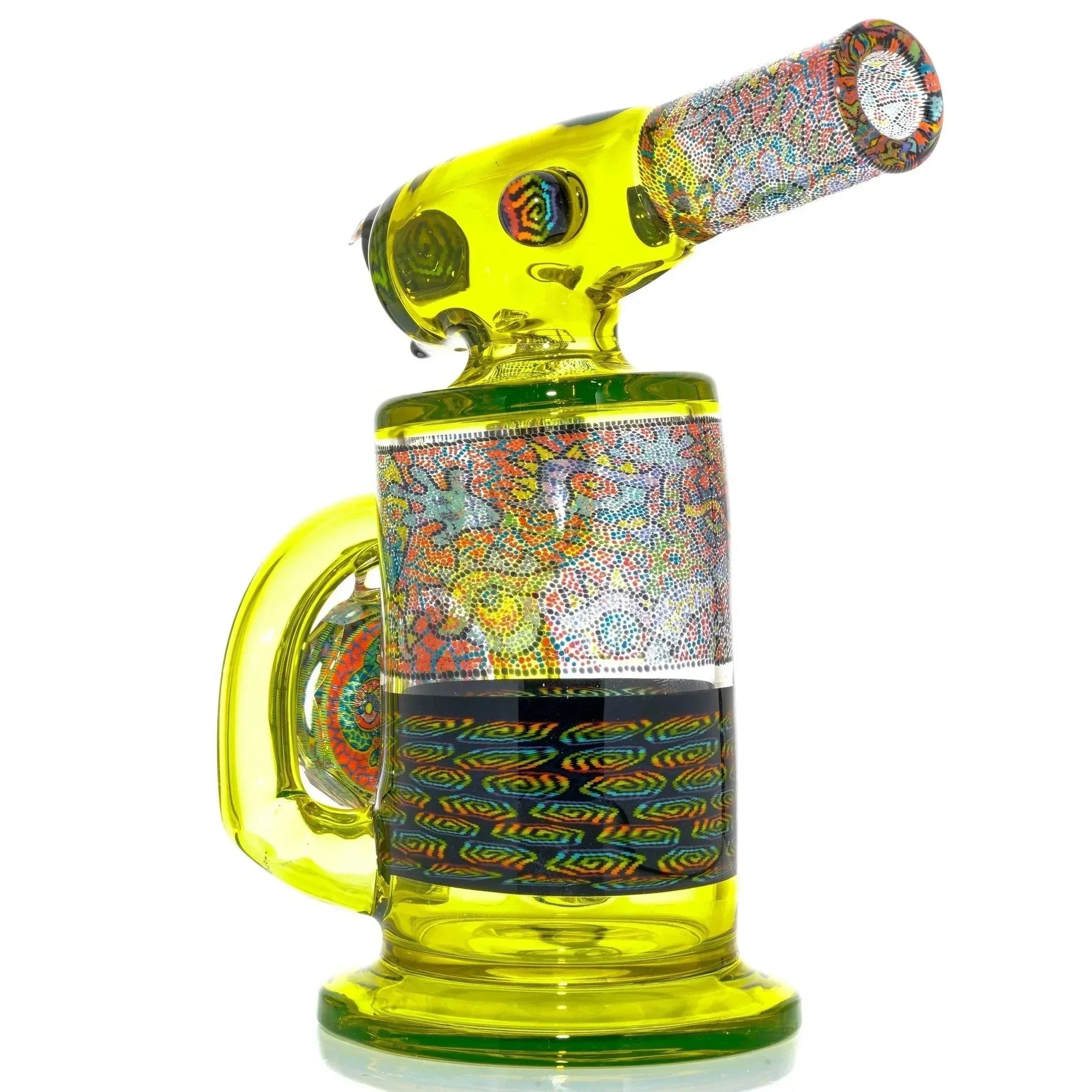 Yellow heady glass rig with intricate colorful patterns and mosaic glasswork, vaporizer accessory