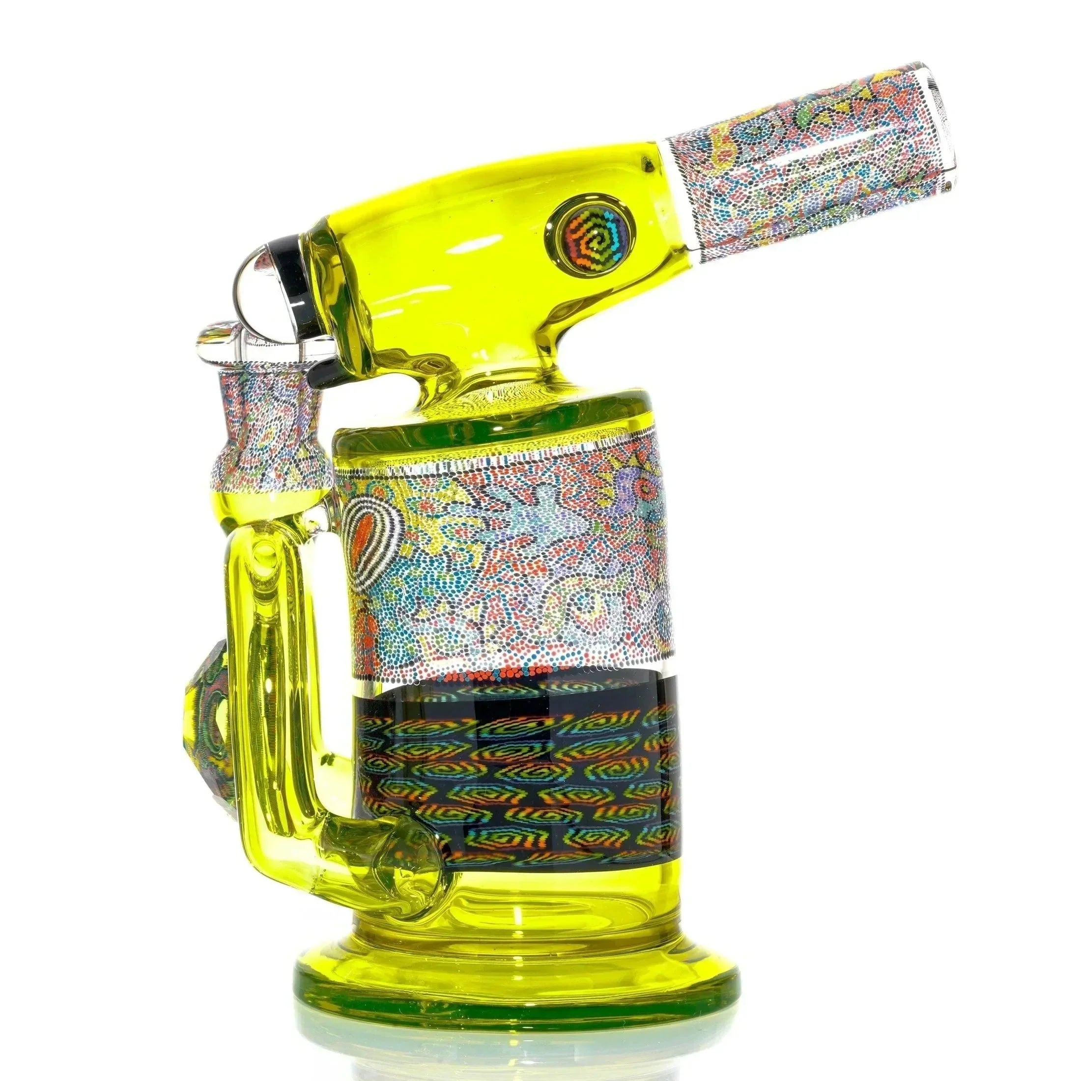 Colorful heady glass dab rig with intricate patterns and yellow accents, high-end glassware