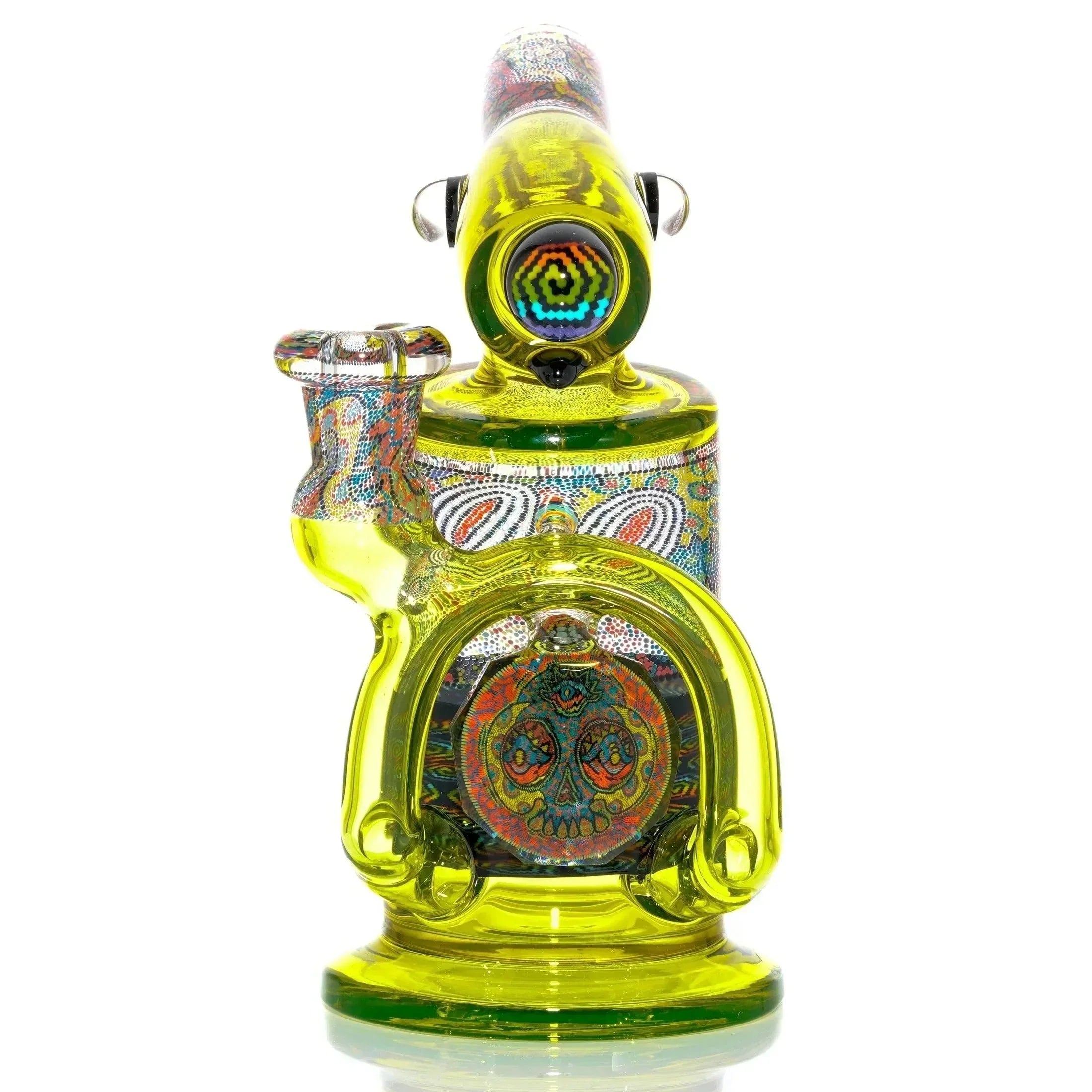 Heady glass water pipe with bright yellow and colorful intricate patterns, front view