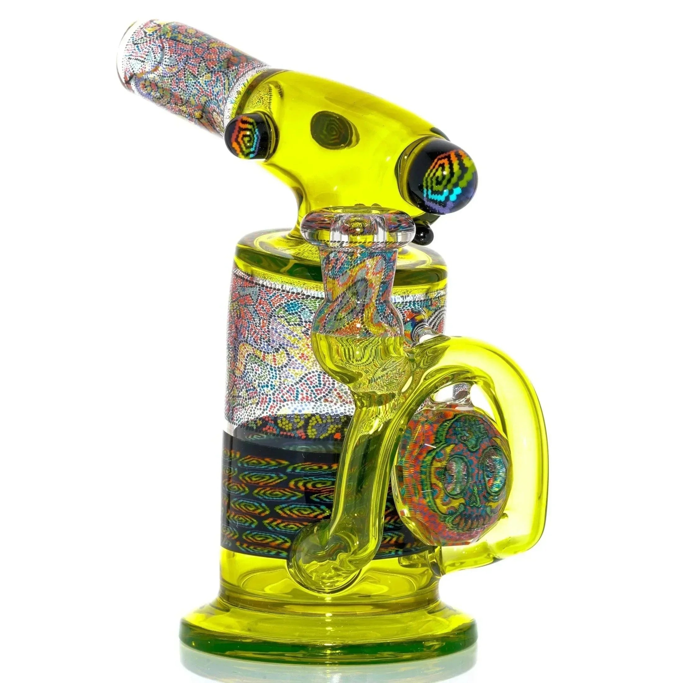 Colorful heady glass water pipe with intricate patterns and neon yellow accents.