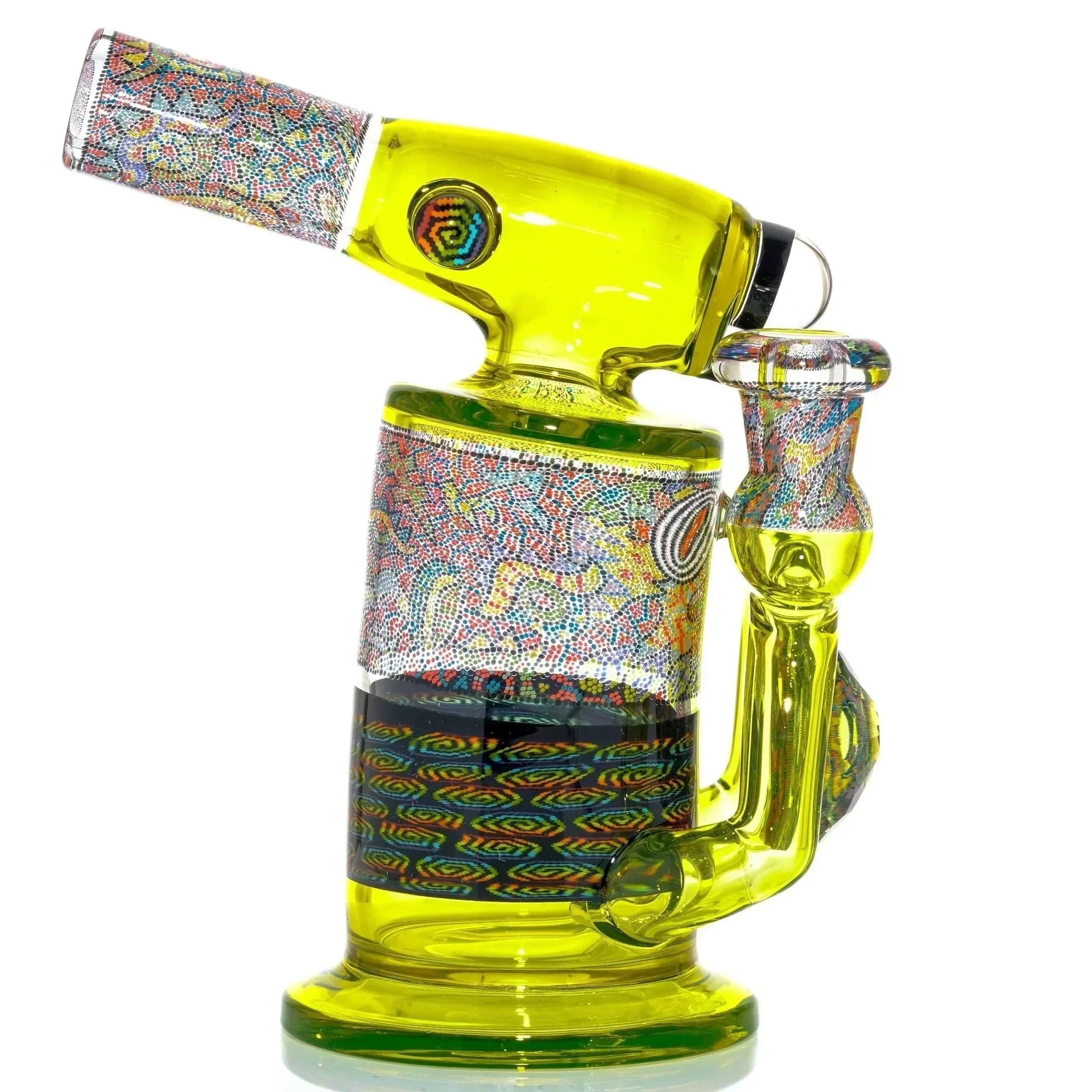 Colorful heady glass water pipe with intricate patterns and vibrant yellow highlights