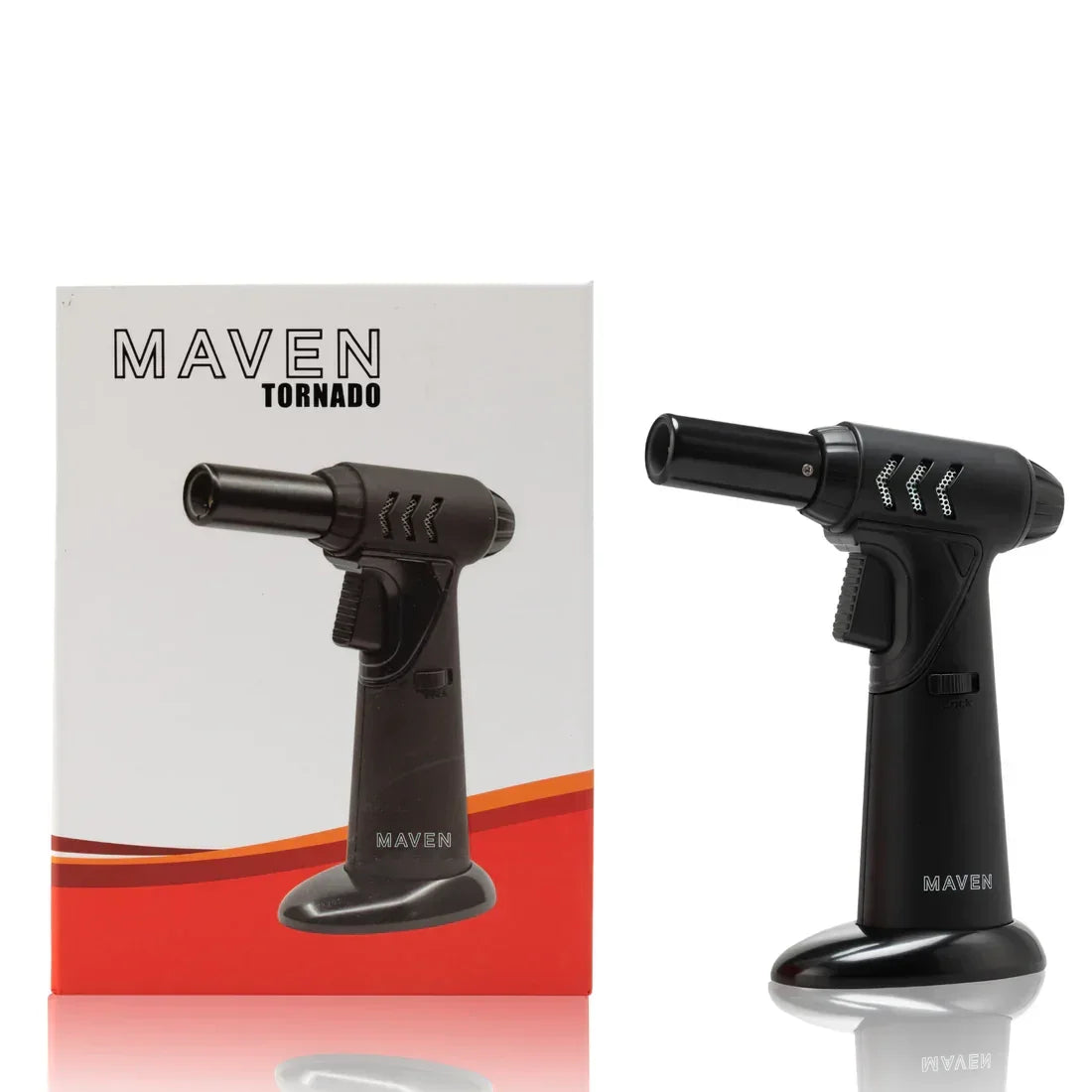 Black Maven Tornado torch lighter with ergonomic grip, shown beside retail box.