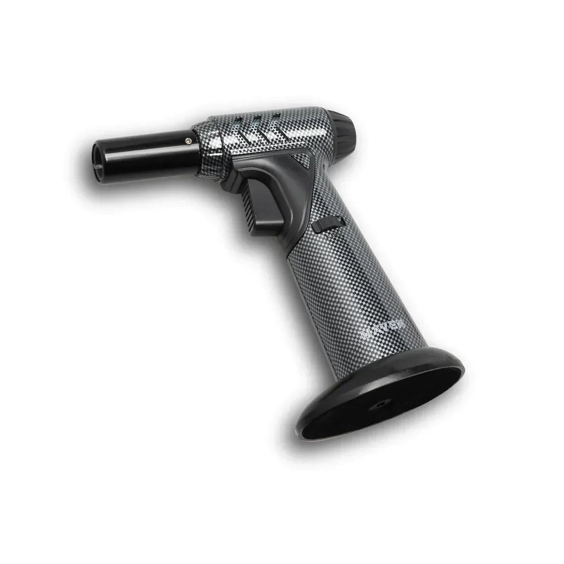 Carbon fiber-patterned butane torch with a black nozzle and base on white background