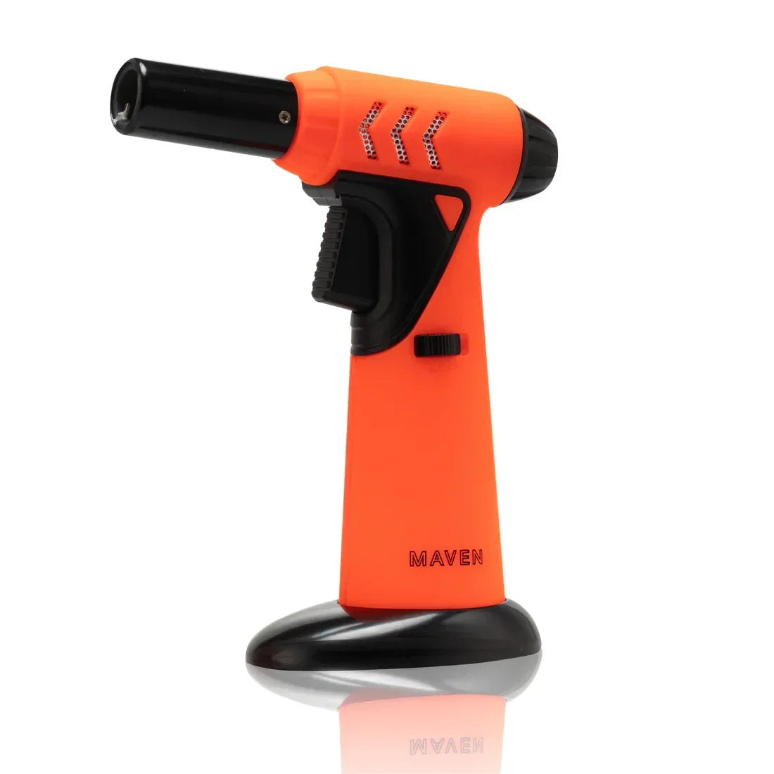 Orange and black butane torch with trigger ignition and ergonomic design on white background.