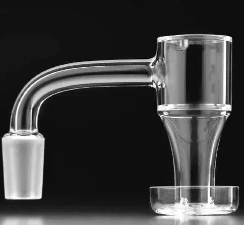Clear glass quartz banger with 25mm bucket and angled neck for dab rig on black background