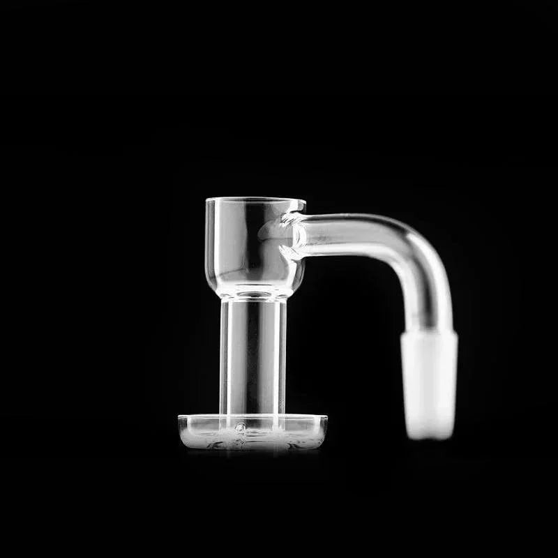 Clear quartz banger nail for dab rig or water pipe, displayed on a black background.