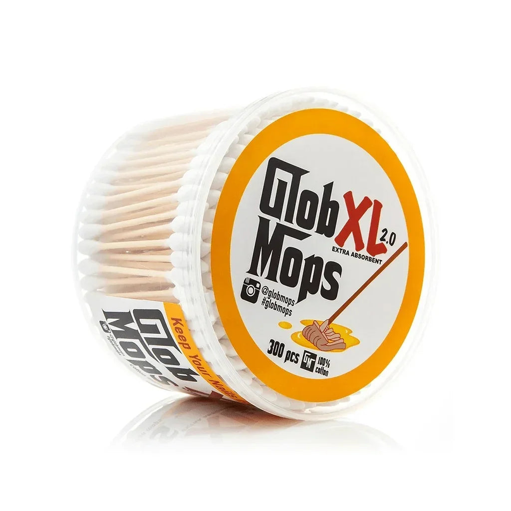 Glob Mops XL 2.0 cotton swabs, 300 count, in clear plastic container for cleaning glassware