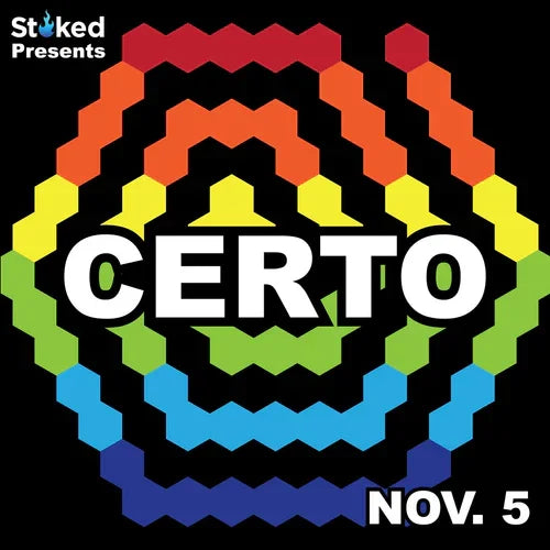 Certo event graphic with rainbow geometric rings and text Nov. 5 on black background