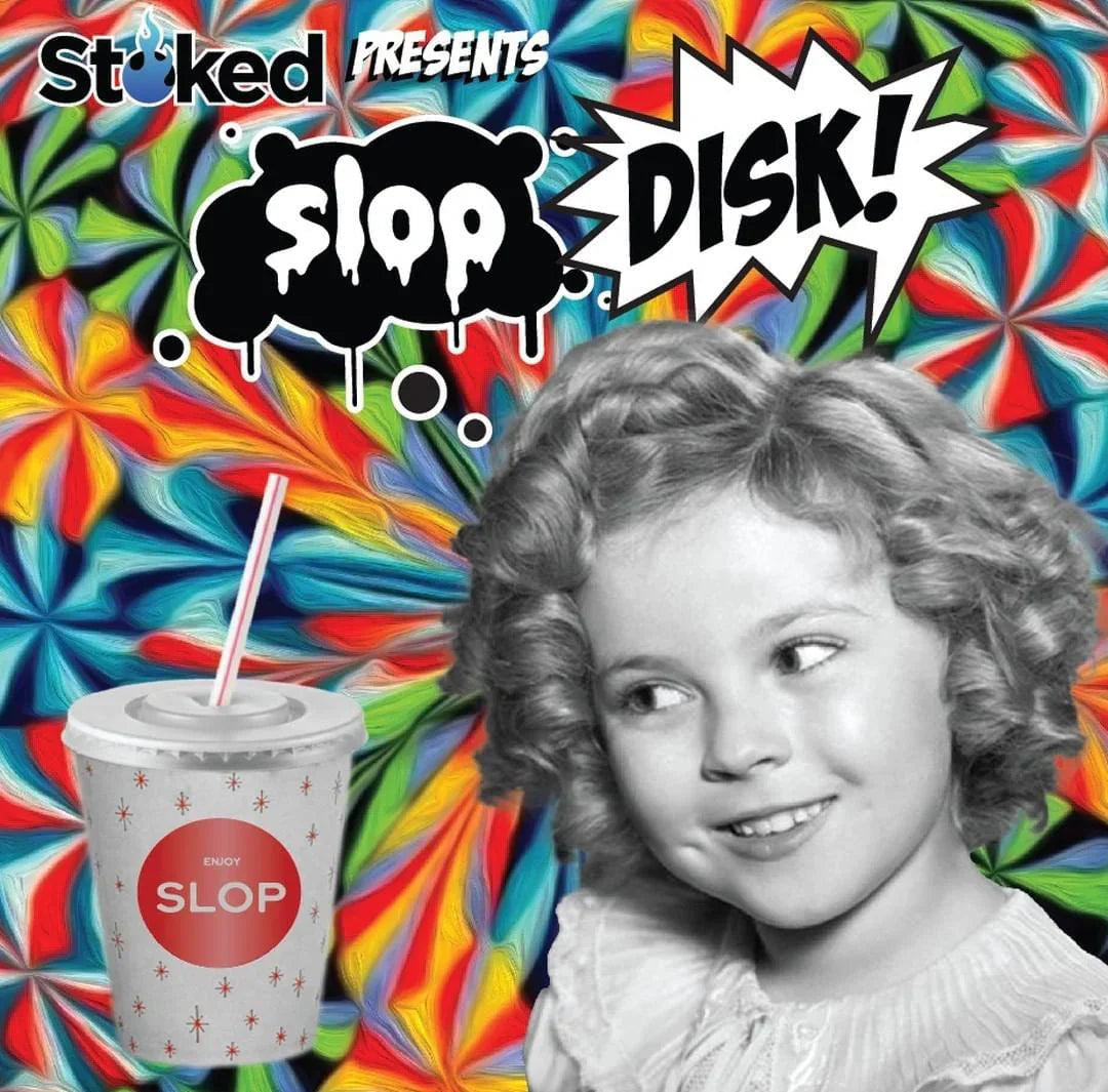 Psychedelic swirl background with vintage girl, SLOP cup, and bold comic-style text.