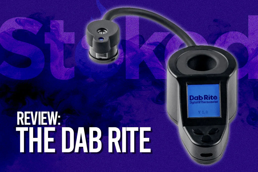 Dab Rite digital IR thermometer review with device on purple smoke background