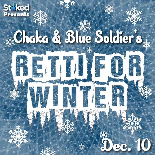 Winter event flyer with icy text, snowflakes background, and event date December 10.
