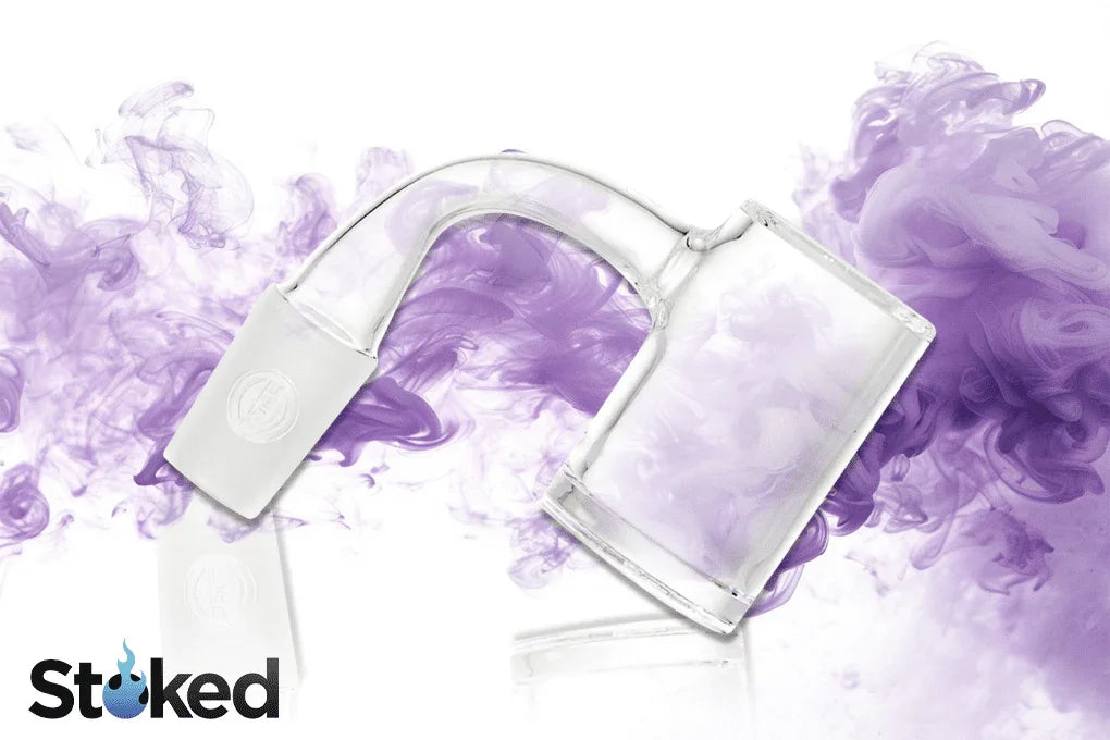 Quartz banger dab nail on purple smoke background, glass accessory for water pipes