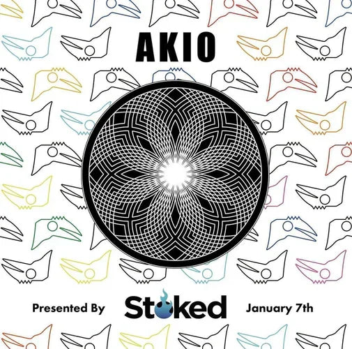 Geometric black mandala design centered with multicolor abstract bird outlines and 'AKIO' text