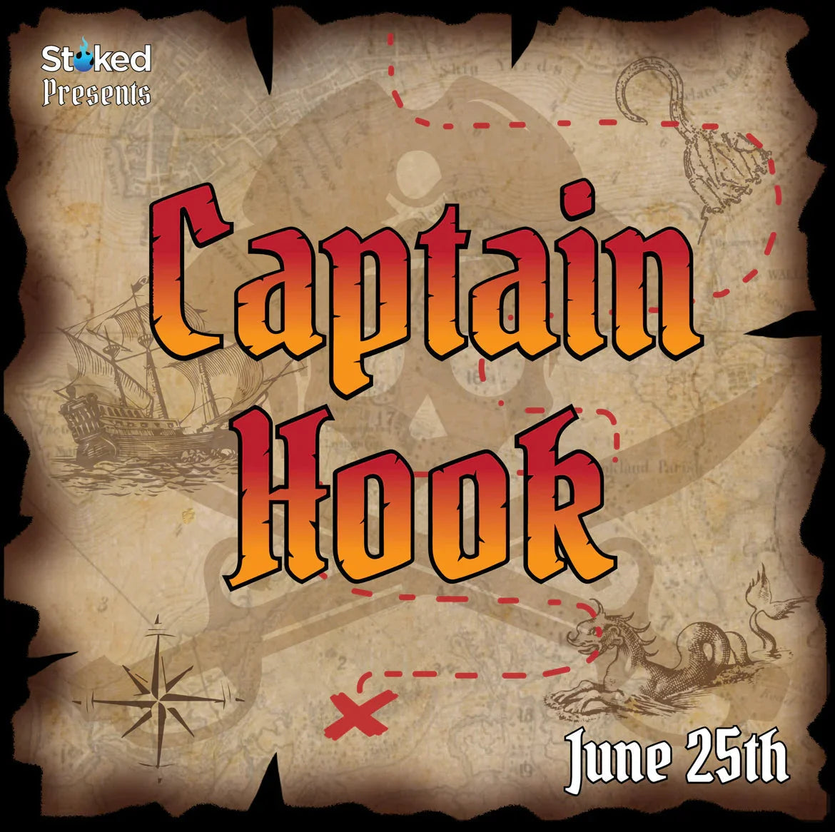 Captain Hook event poster with pirate map, ship, hook outline, and June 25th date shown.