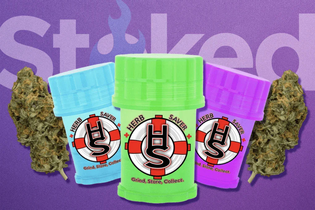Herb Saver grinders in blue, green, and purple with cannabis buds on a purple background.