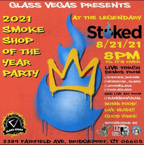 Colorful flyer promoting a 2021 smoke shop party with a blue flame and yellow crown graphic.